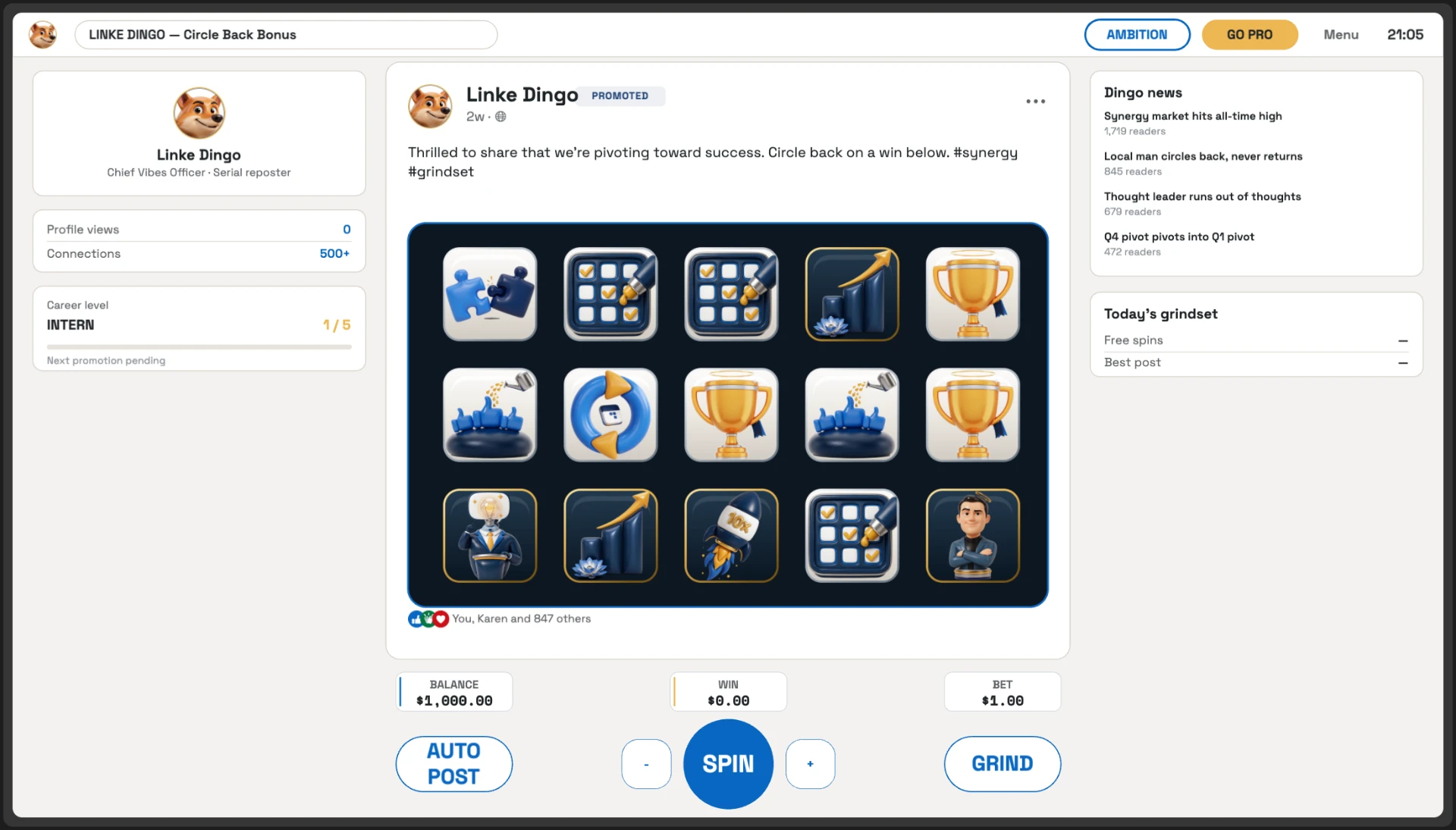 Base game desktop view showing the Linke Dingo social-feed slot board with trophy, checklist, chart, thumbs-up and circle-back symbols