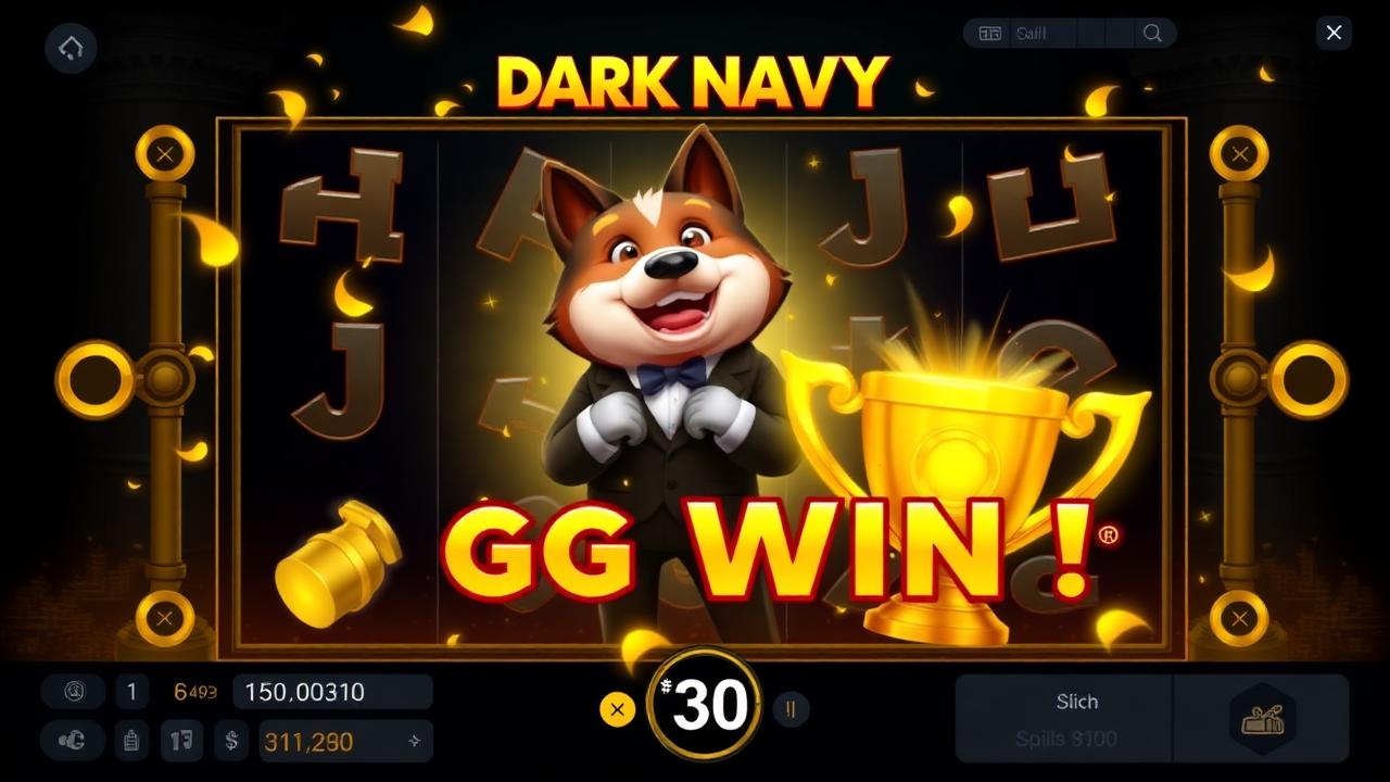 Big win celebration screen with the dingo mascot and a golden trophy